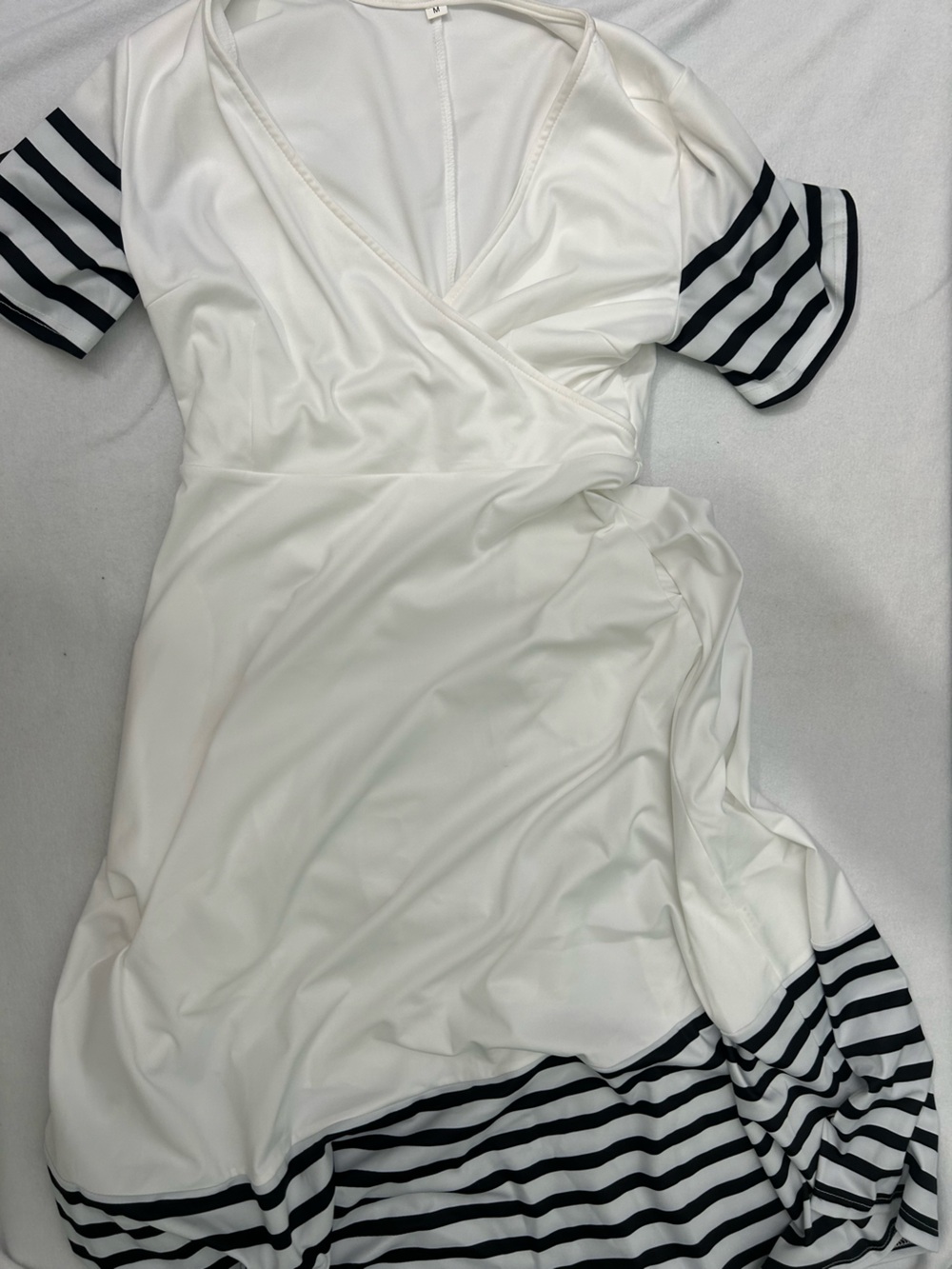 Women's White Wrap Dress with Black Stripe Trim